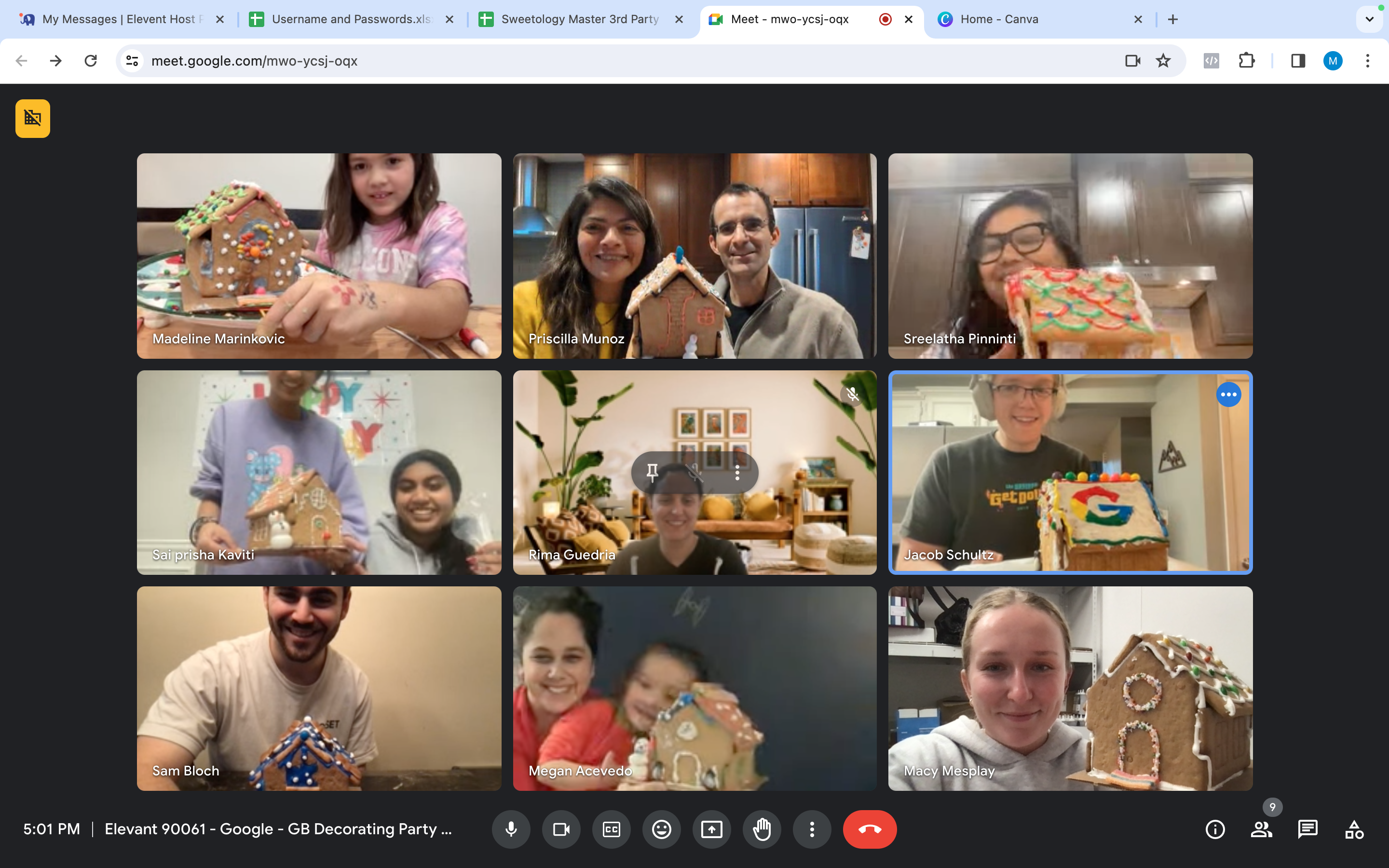 Google corporate team virtual gingerbread house decorating party on Google Meet — Sweetology team building event