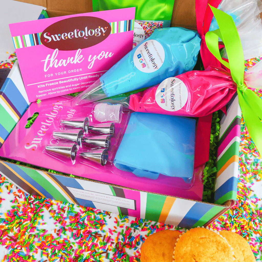Homemade buttercream and professional piping bags come with every do it yourself cupcake or cookie decorating kit