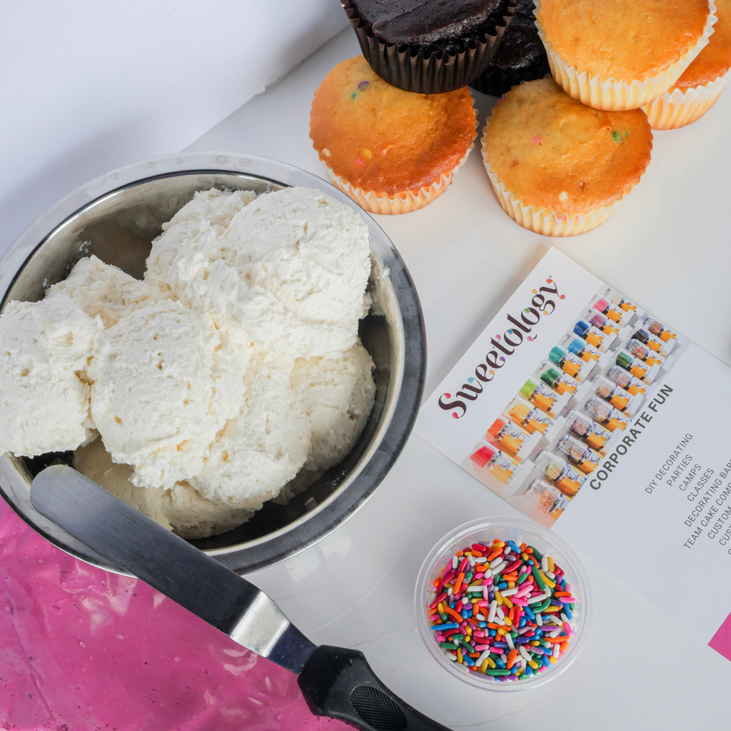 Fresh baked cupcakes and homemade buttercream comes with every Sweetology cupcake decorating kit