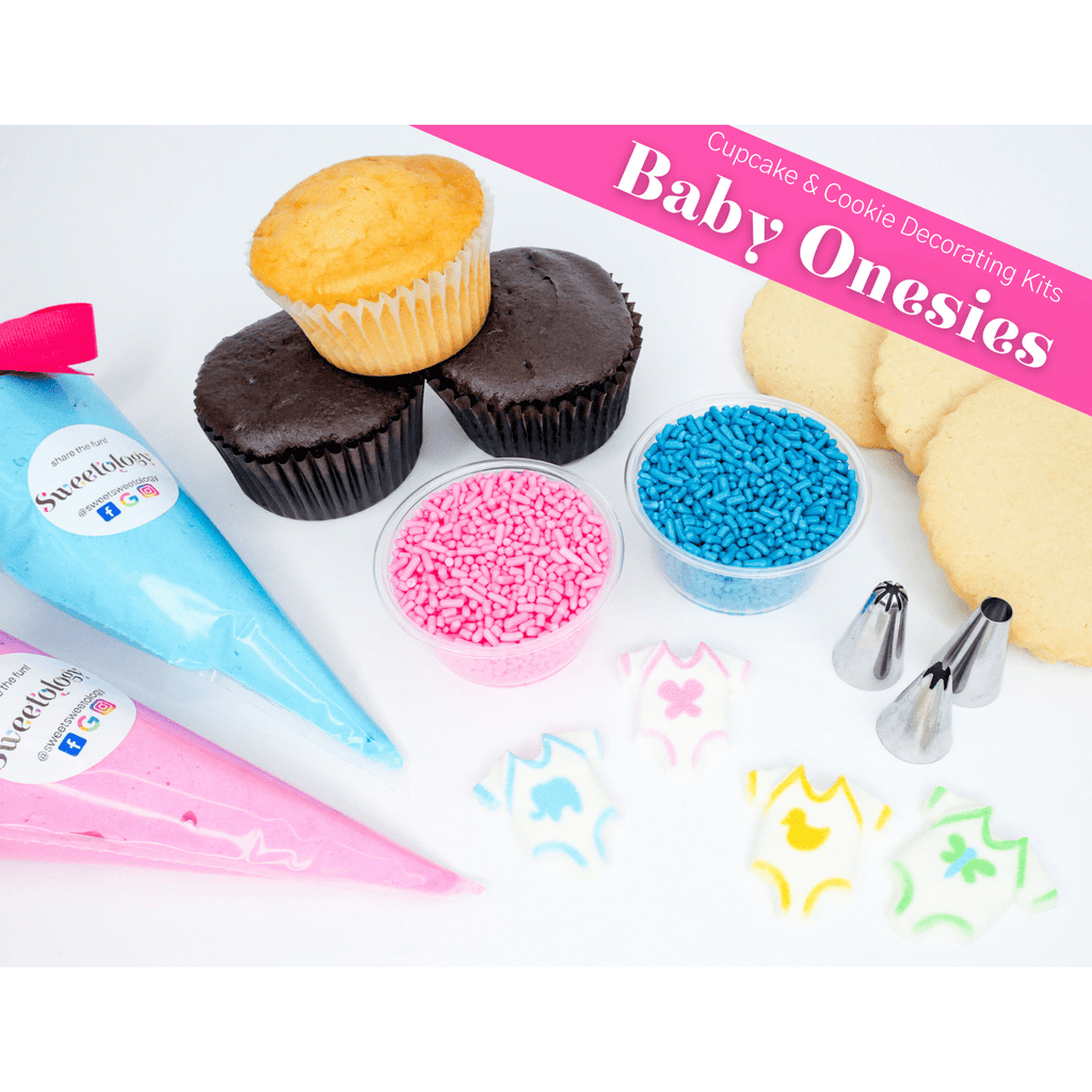 The baby onesies decorating kit comes with cupcakes or cookies of your choice along with homemade buttercream and theme appropriate decorations