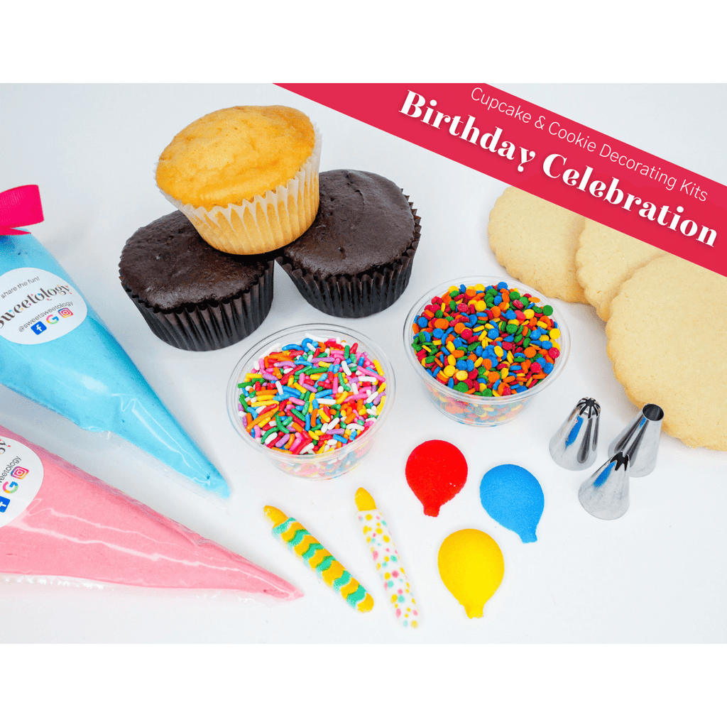 The Happy Birthday decorating kit comes with cupcakes or cookies of your choice along with homemade buttercream and celebratory decorations