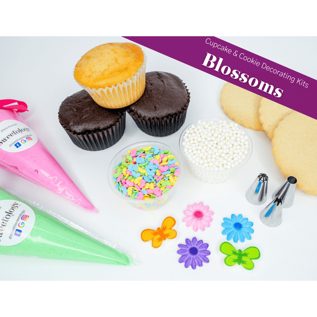 The blossoms and butterflies decorating kit comes with cupcakes or cookies of your choice along with homemade buttercream and floral sugar decons