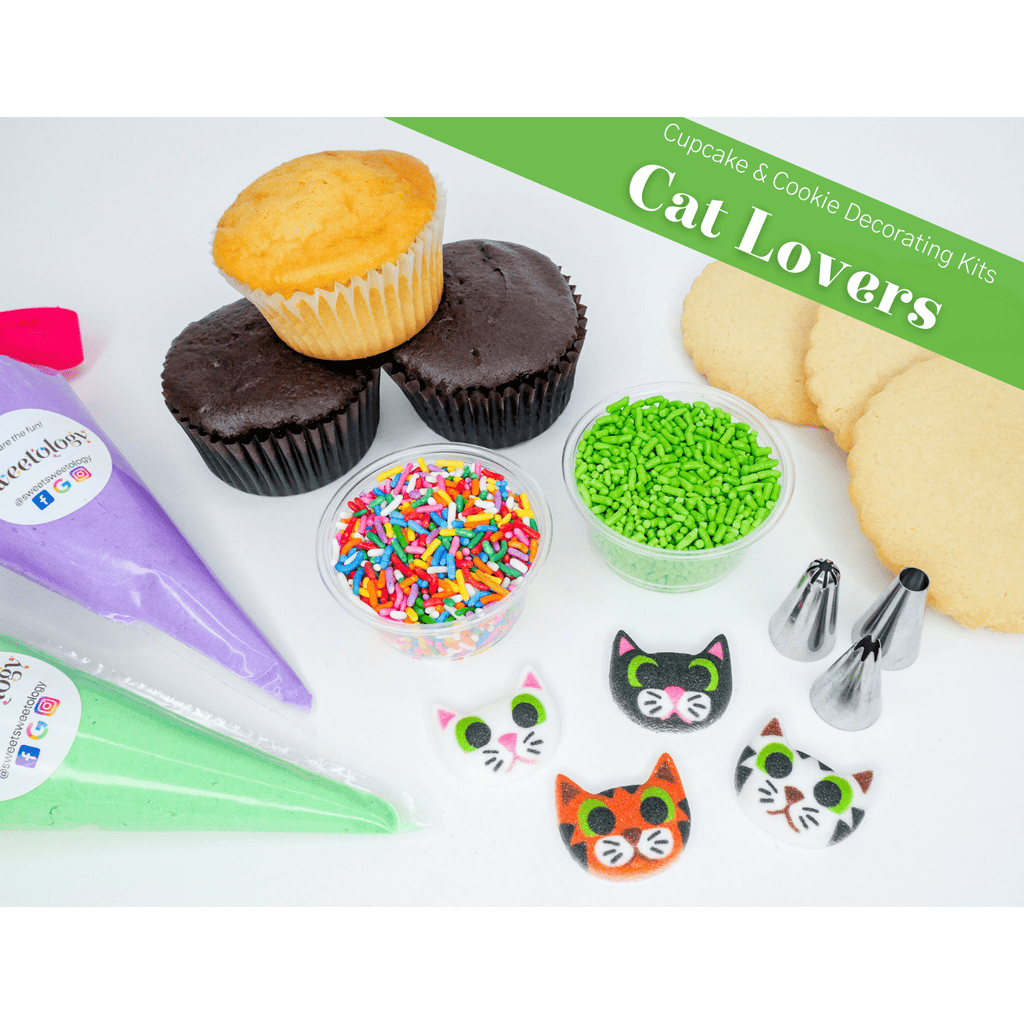 The Cat Lovers decorating kit comes with cupcakes or cookies of your choice along with homemade buttercream and kitty cat decorations