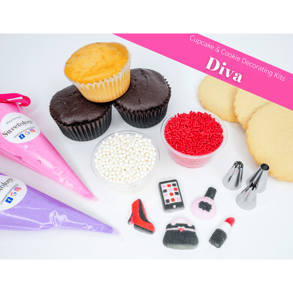 The Diva decorating kit comes with cupcakes or cookies of your choice along with homemade buttercream and divalicious decorations