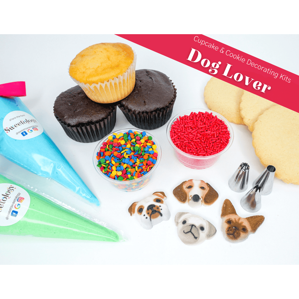 The Dog Lovers decorating kit comes with cupcakes or cookies of your choice along with homemade buttercream and puppy loving decorations