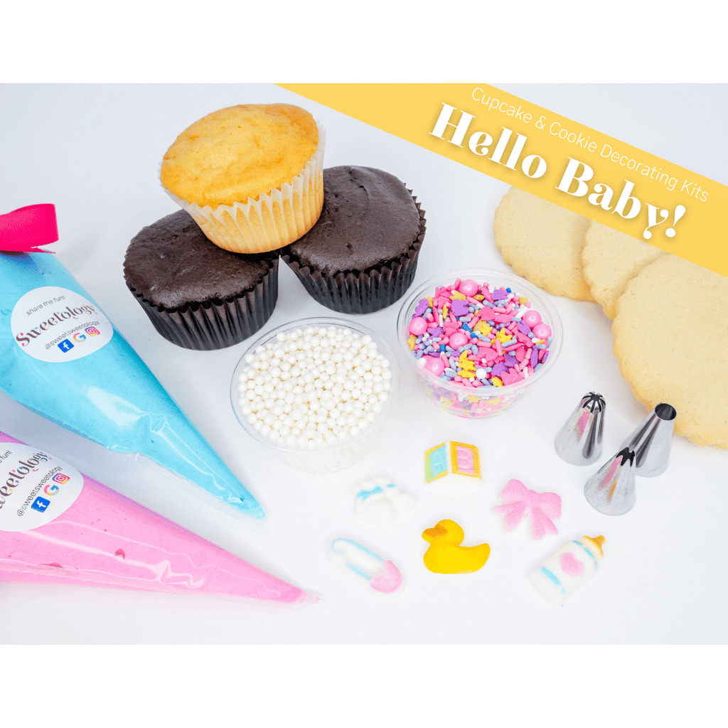 The Hello Baby decorating kit comes with cupcakes or cookies of your choice along with homemade buttercream and the perfect decorations to celebrate at your next baby shower
