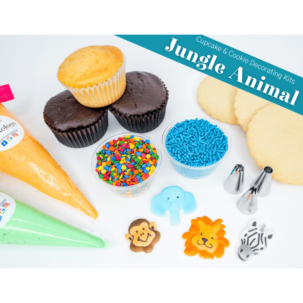 The Jungle Animal decorating kit comes with cupcakes or cookies of your choice along with homemade buttercream and wild animal themed decorations