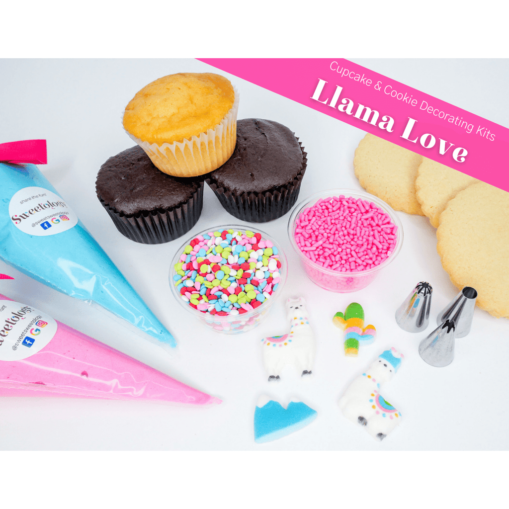 The Llama Love decorating kit comes with cupcakes or cookies of your choice along with homemade buttercream and sugar decorations reminiscent of the Andes mountains that are sure to bring a sense of fiesta to your celebration