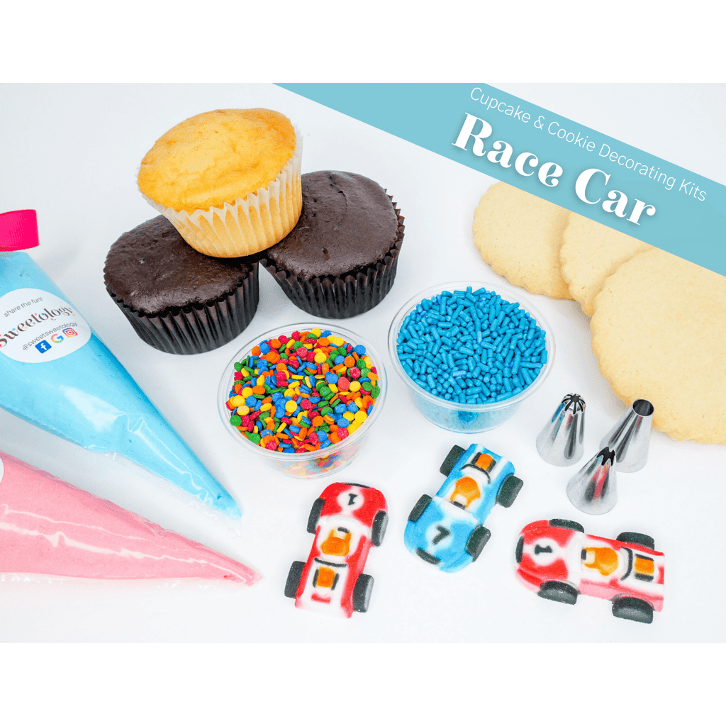 The Racecar decorating kit comes with cupcakes or cookies of your choice along with homemade buttercream and sugar decorations  that are sure to rev the engine of the racecar lover in your life