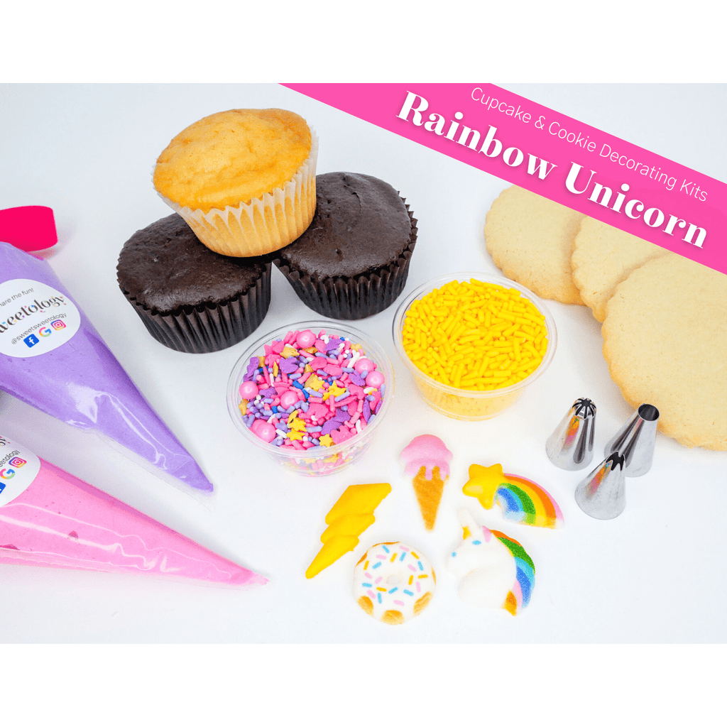 The rainbow unicorn decorating kit comes with cupcakes or cookies of your choice along with homemade buttercream and sugar decorations that will make your birthday party absolutely magical
