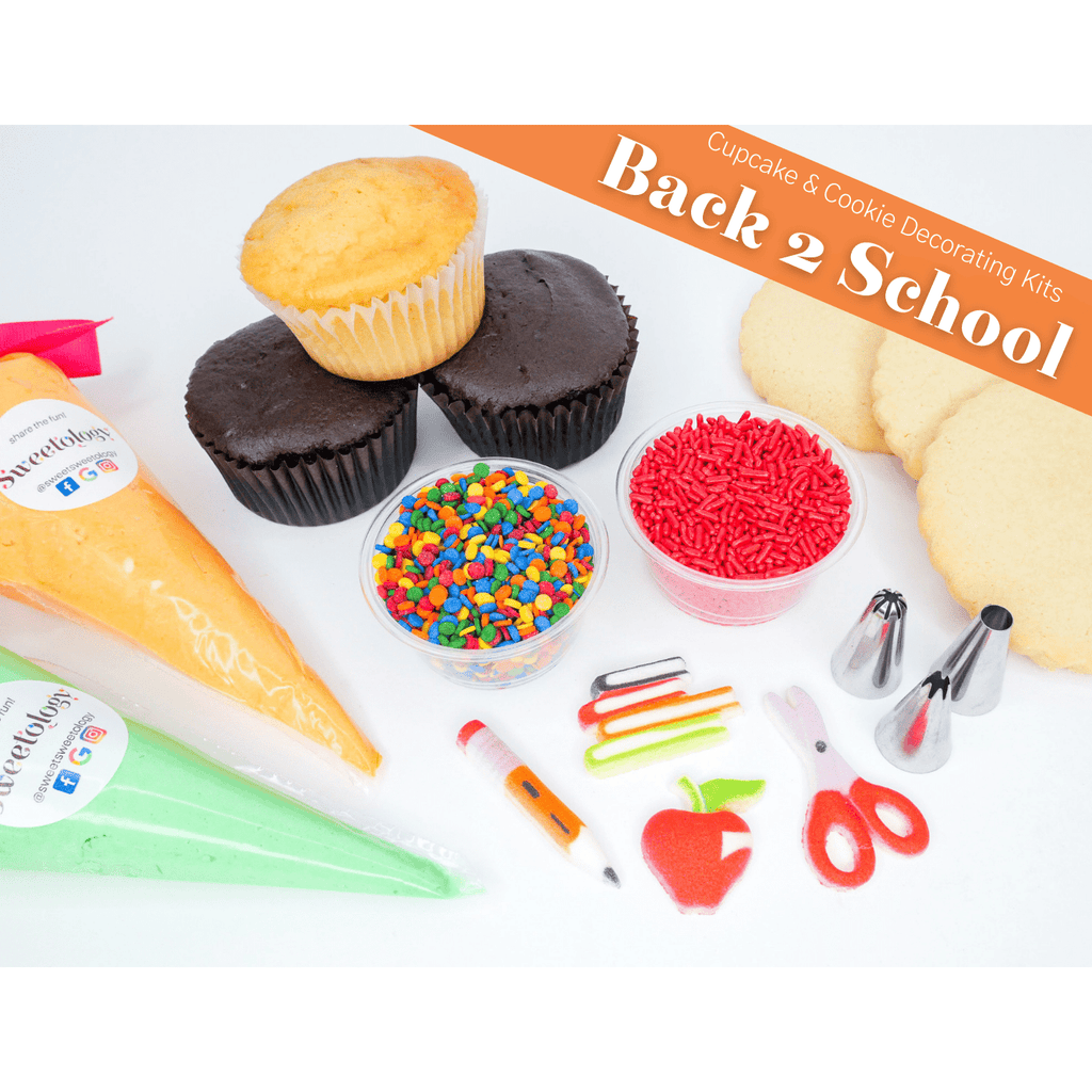 The back to school decorating kit comes with cupcakes or cookies of your choice along with homemade buttercream and theme appropriate decorations. Great Teacher Gift