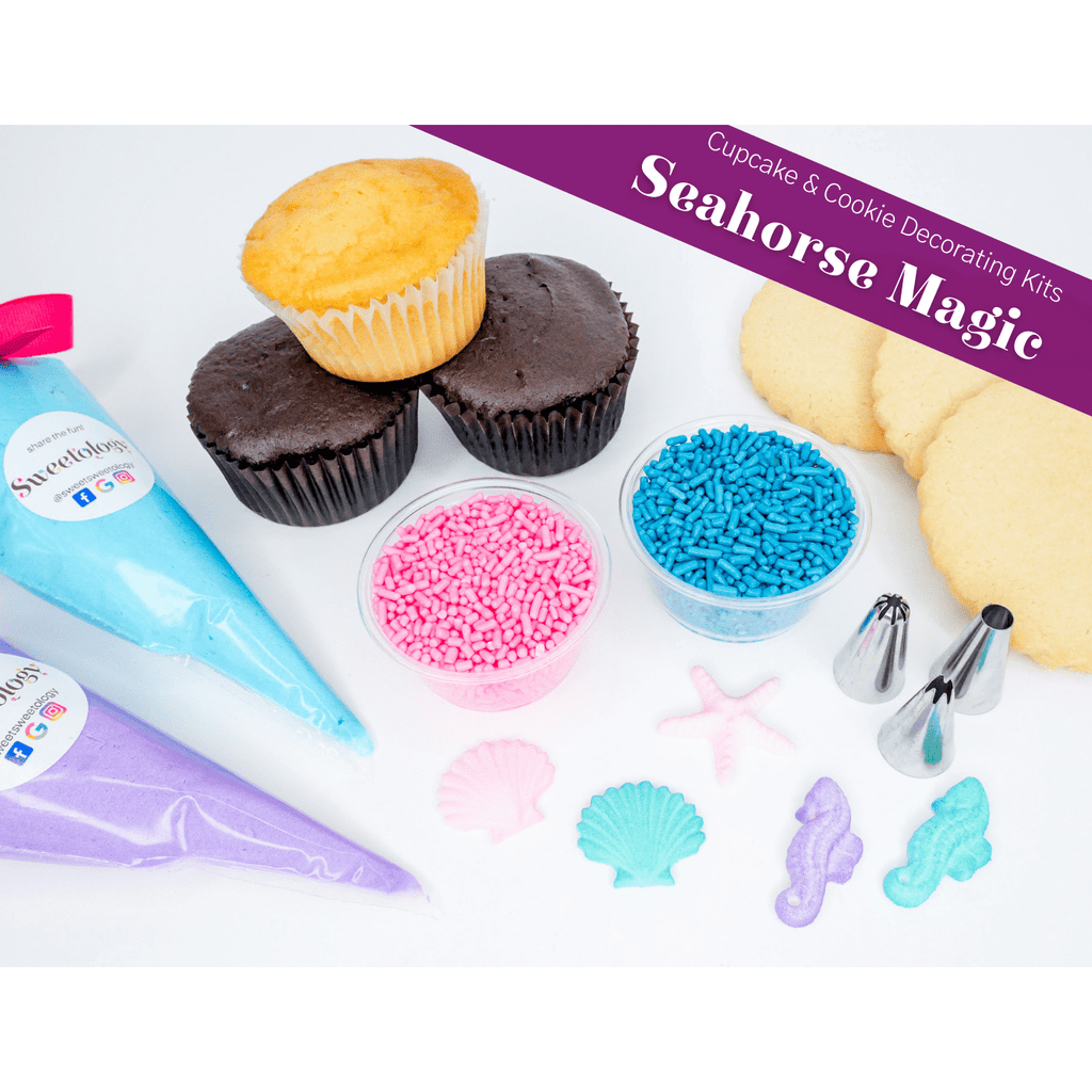 The Seahorse Magic decorating kit comes with cupcakes or cookies of your choice along with homemade buttercream and sugar decorations that will take your birthday party under the sea