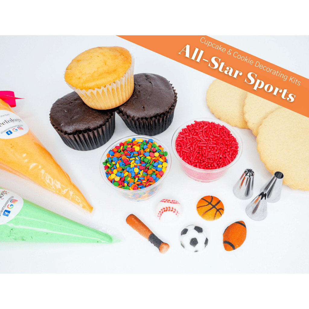 The All-Star Sports decorating kit comes with cupcakes or cookies of your choice along with homemade buttercream and theme appropriate decorations
