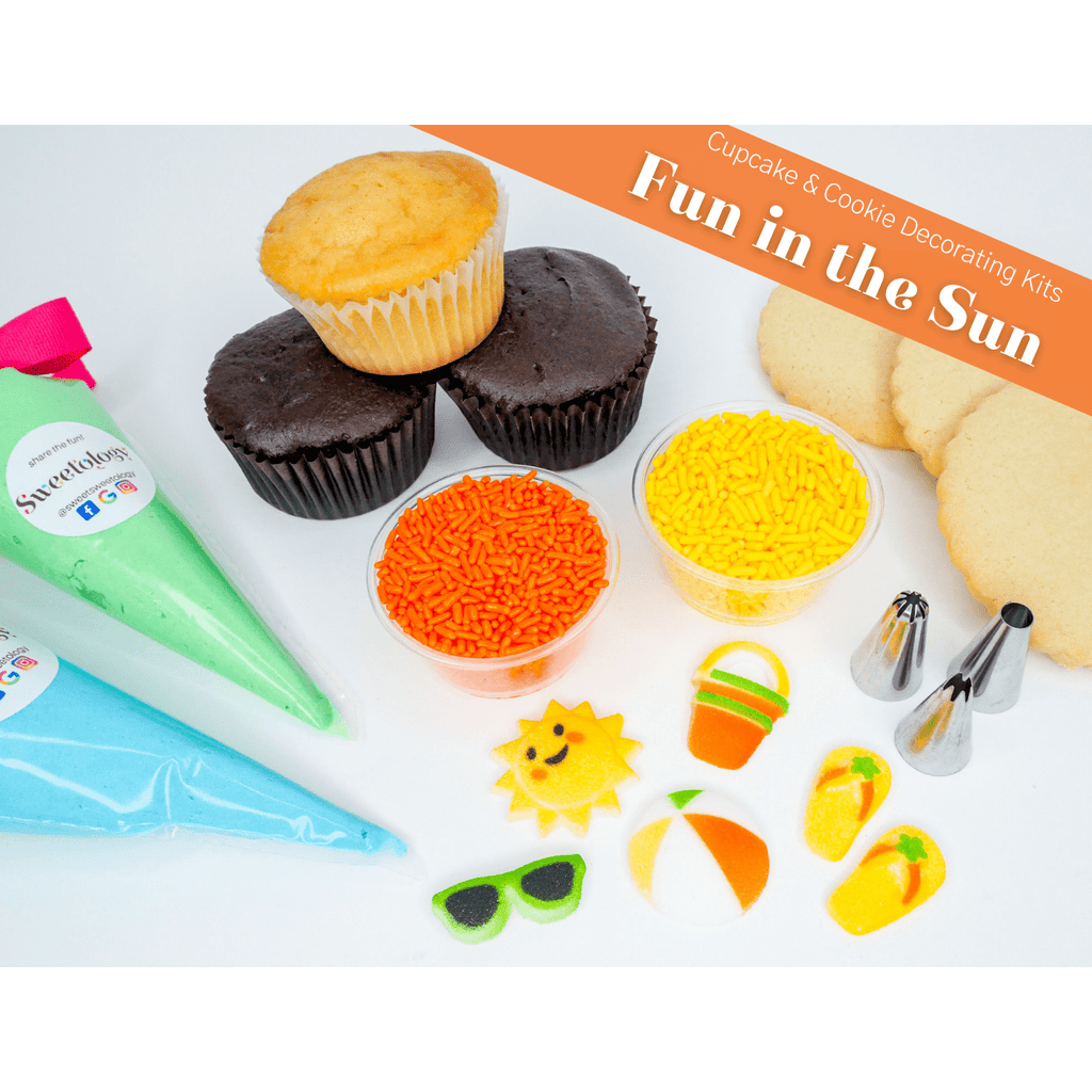 The Fun in the Sun decorating kit comes with cupcakes or cookies of your choice along with homemade buttercream and sugar decorations that will bring the whole party together this Summer