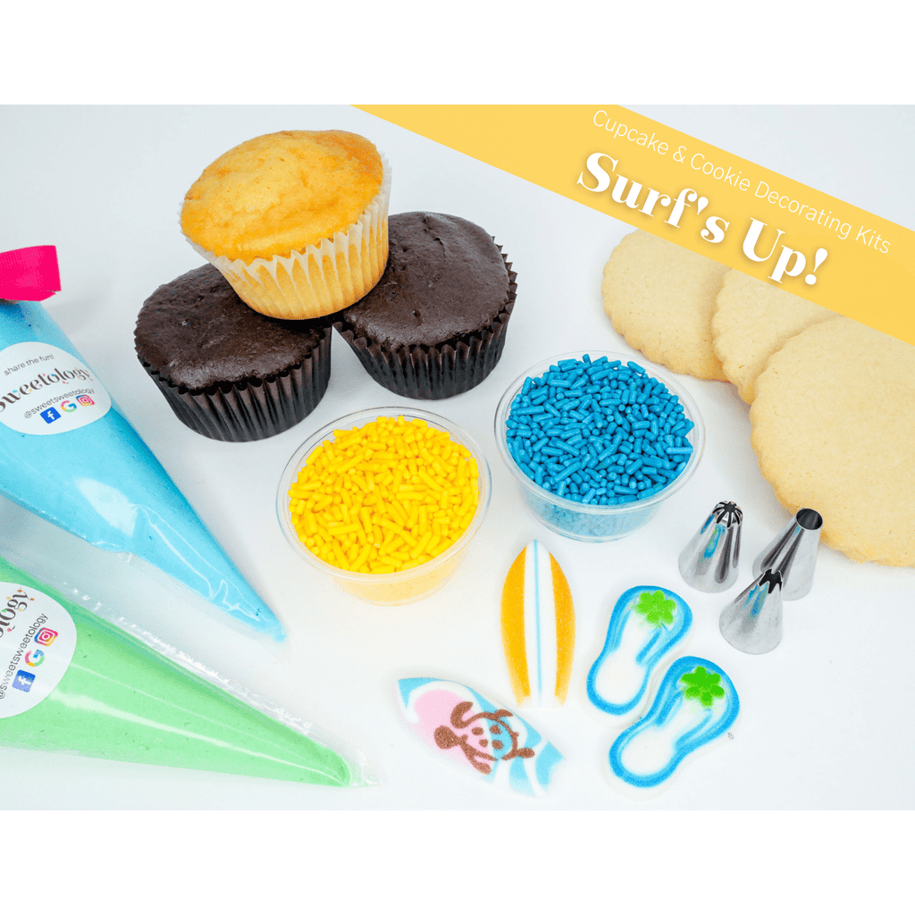The surfs up decorating kit comes with cupcakes or cookies of your choice along with homemade buttercream and sugar decorations perfect for your next beach bum birthday party