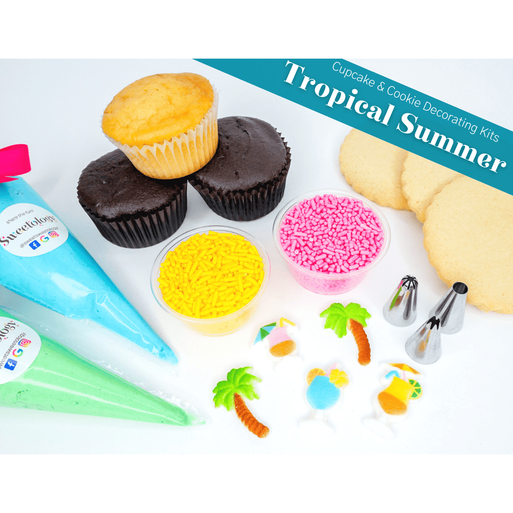 The tropical summer decorating kit comes with cupcakes or cookies of your choice along with homemade buttercream and sugar decorations perfect for your next beach bum birthday party