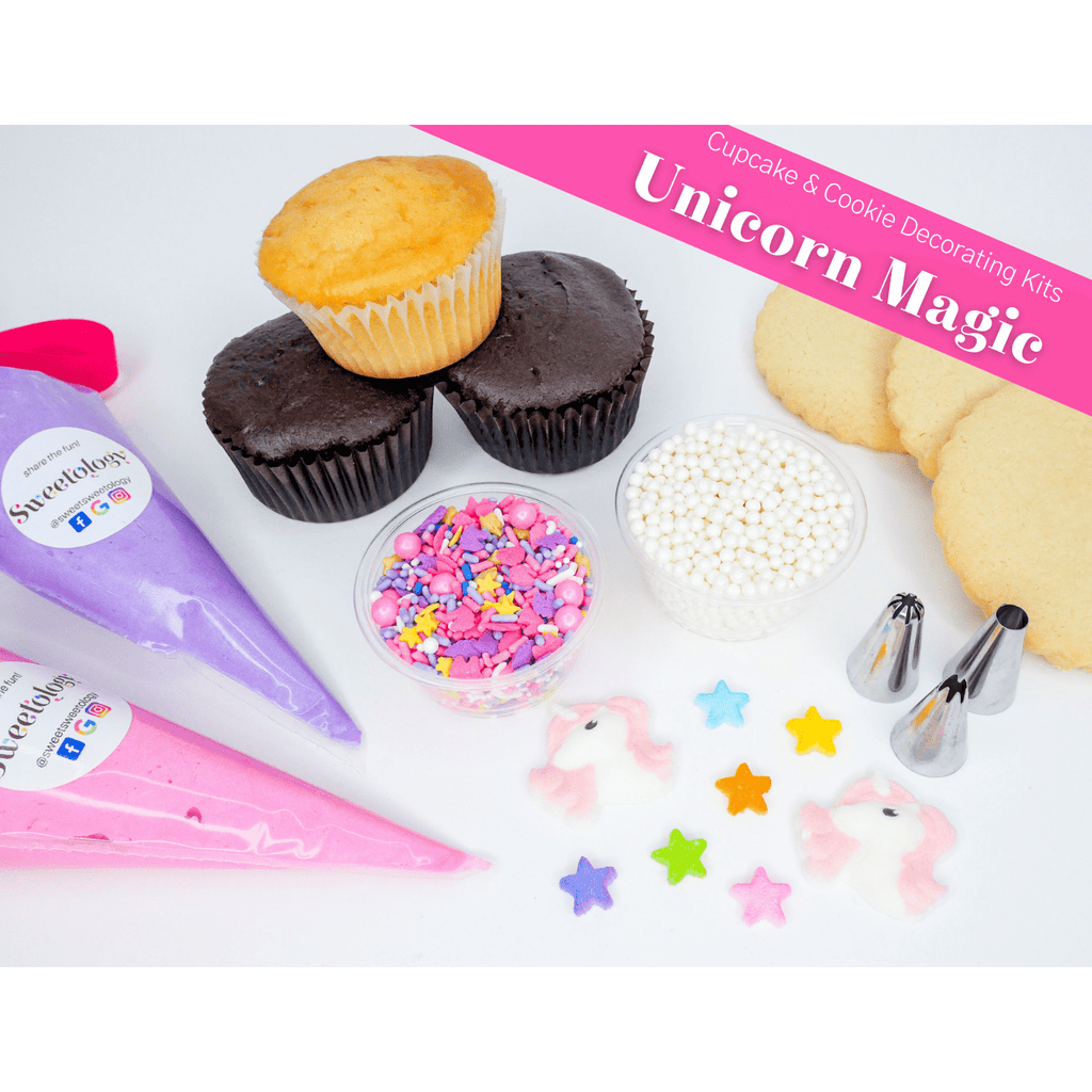 The unicorn magic decorating kit comes with cupcakes or cookies of your choice along with homemade buttercream and sugar decorations that will make your birthday girl feel like a princess